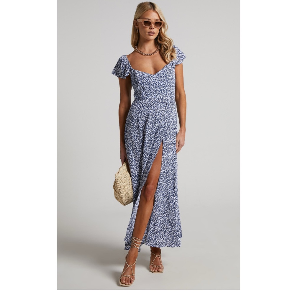 Sonia’s Midi Dress - Thigh Split Flutter Sleeve Dress - Blue